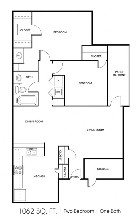 Floor plan for 2 beds, 1 bath, 1062 sqft